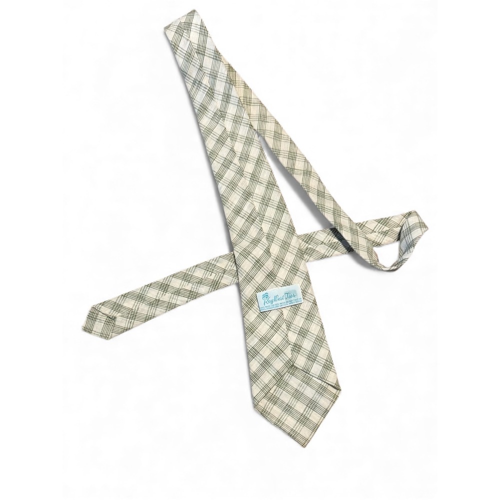 Vintage Key West Ties Men's Plaid Necktie Green Cream Classic Neckwear Accessory